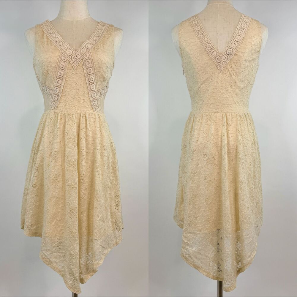 Lily Star Ivory Midi V-Neck Lace Detail Dress Whimsy Fairy Ethereal Romantic S
